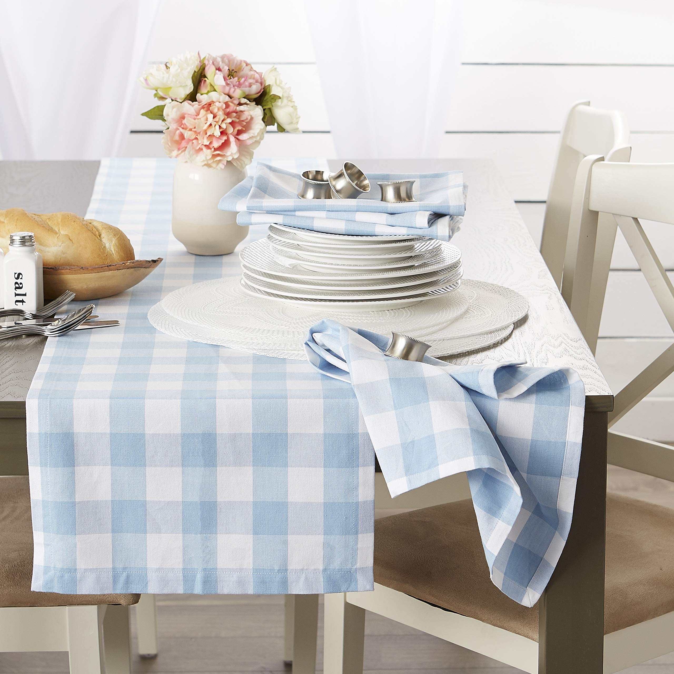 Dii Buffalo Check Collection, Classic Farmhouse Tablecloth, Tablecloth, 70 Round, Light Blue & White